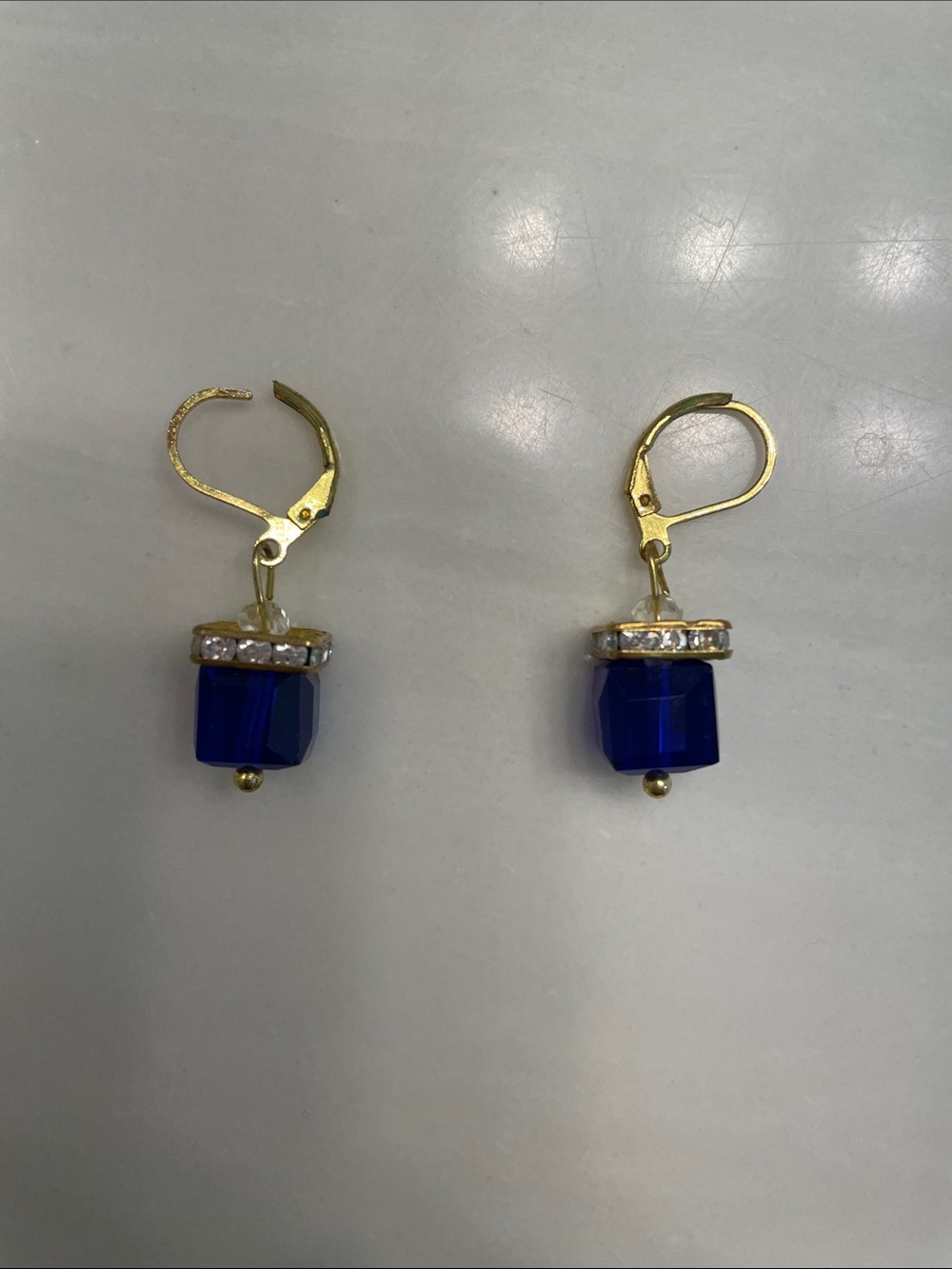 Gold-Plated Blue Cube Drop Earrings with Crystal Accent